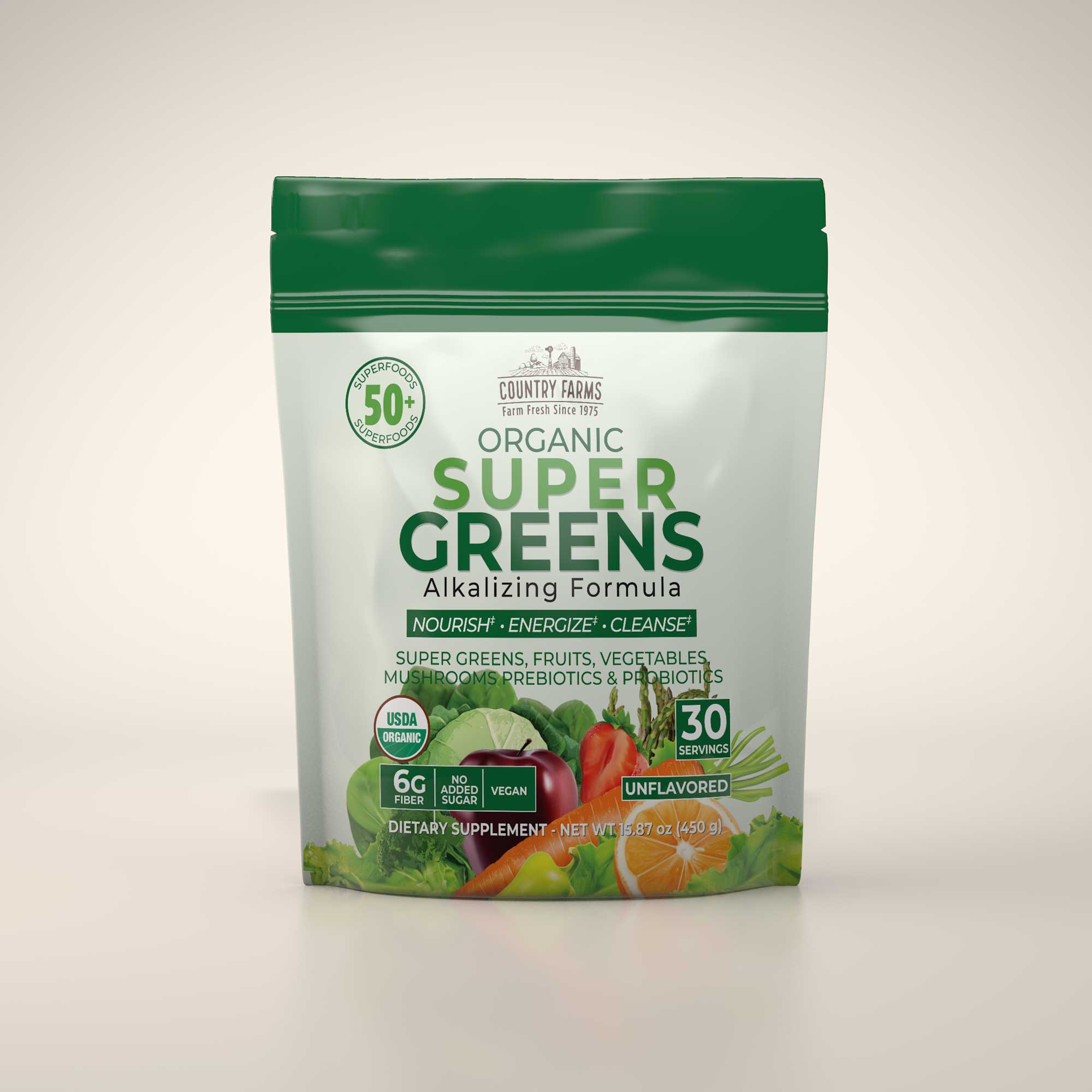 Country Farms Super Greens Powder – Berry Flavor, 10.6oz, Gluten Free, Non-GMO, Vegetarian